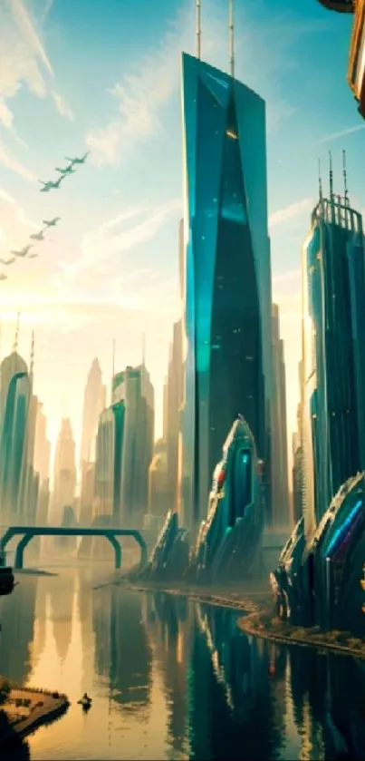 Futuristic cityscape with skyscrapers and a serene skyline.