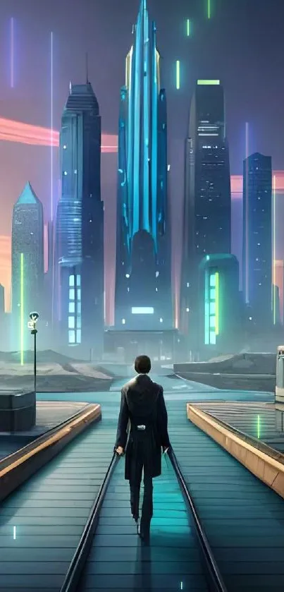 Futuristic cityscape with neon lights and towering skyscrapers.