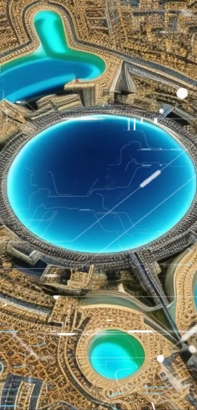 Futuristic cityscape with circular blue pool.