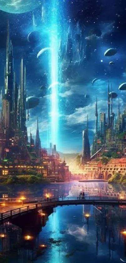 Futuristic cityscape with a vibrant cosmic skyline and glowing structures.
