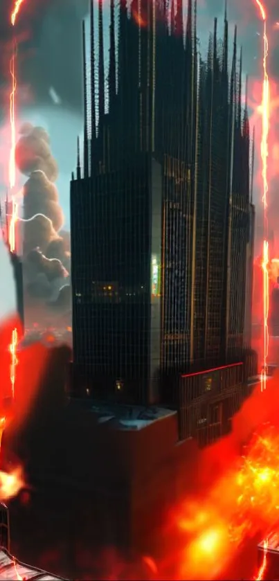 Futuristic skyscraper surrounded by fiery light streaks.