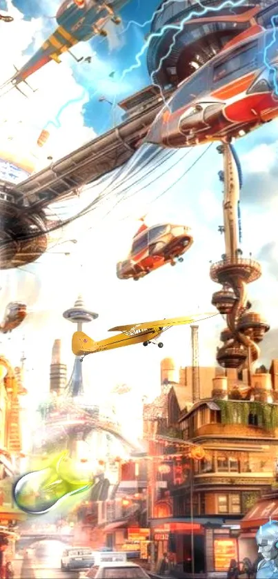 Futuristic city with flying vehicles and modern buildings in vibrant colors.