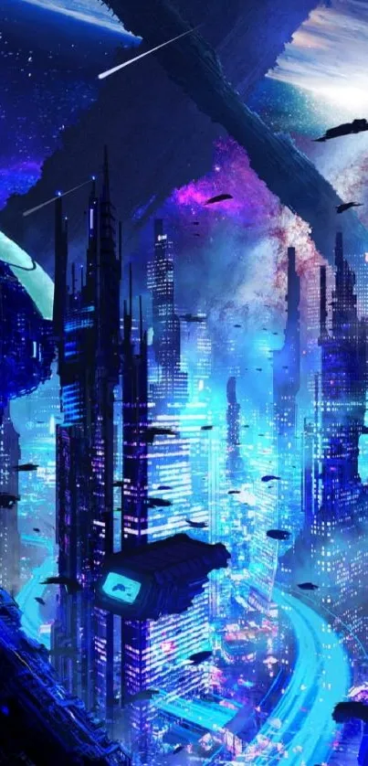 Futuristic cityscape with neon lights and spaceships.