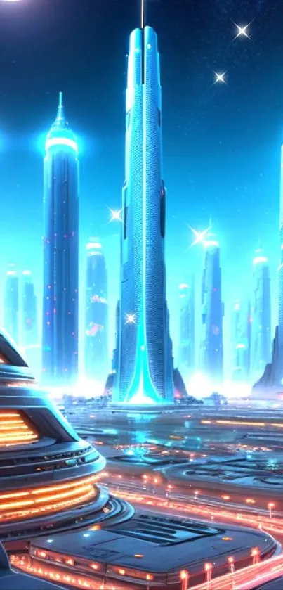 Futuristic cityscape with neon lights and skyscrapers, ideal for mobile wallpaper.