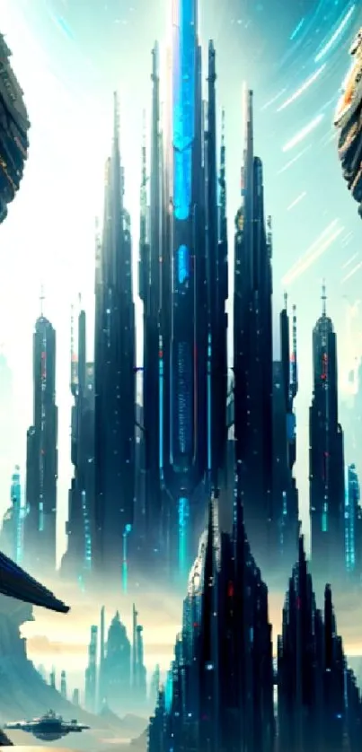 Futuristic city with tall skyscrapers against a celestial sky.