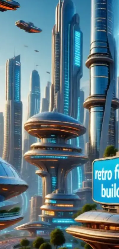Futuristic cityscape with skyscrapers and flying cars.