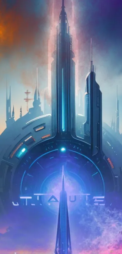 Futuristic cityscape with vibrant blue lights and sci-fi architectural design.