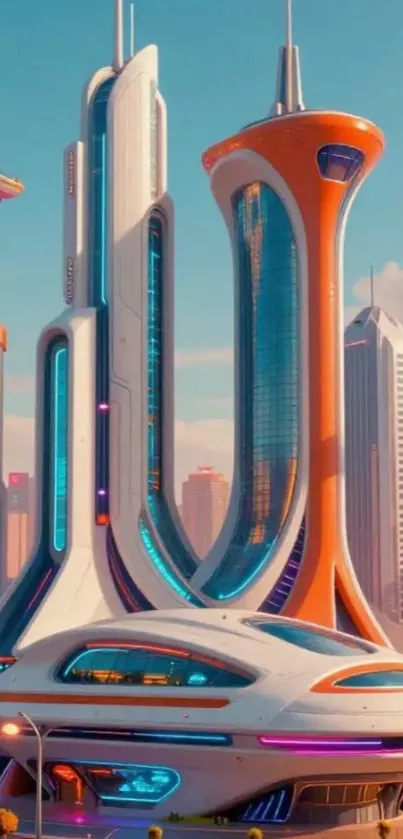 Futuristic skyscrapers with flying cars