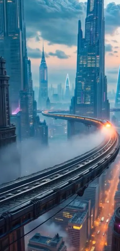 Futuristic cityscape with skyscrapers and railway.