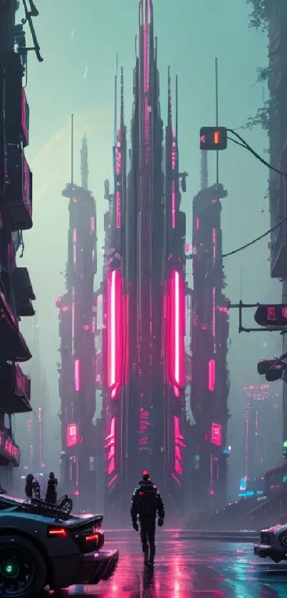 Cyberpunk cityscape with neon lights and futuristic design.