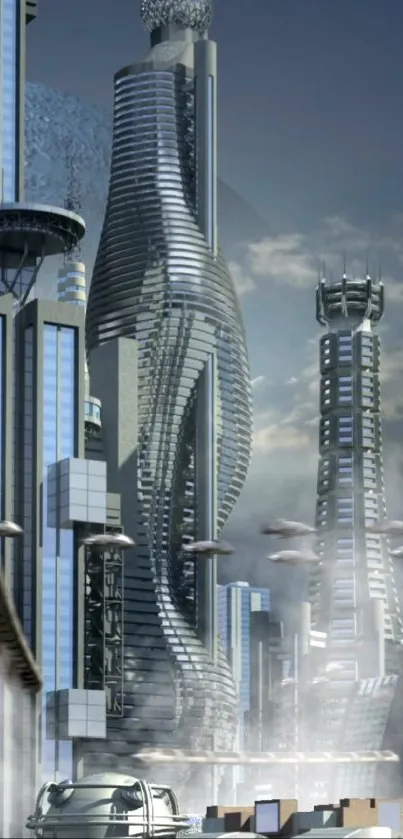 Futuristic cityscape with skyscrapers and flying cars in a modern urban setting.