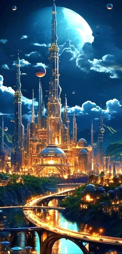 Futuristic city with glowing lights under a blue celestial sky.