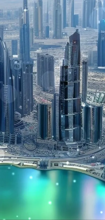 Futuristic cityscape with vibrant skyscrapers and waterfront.