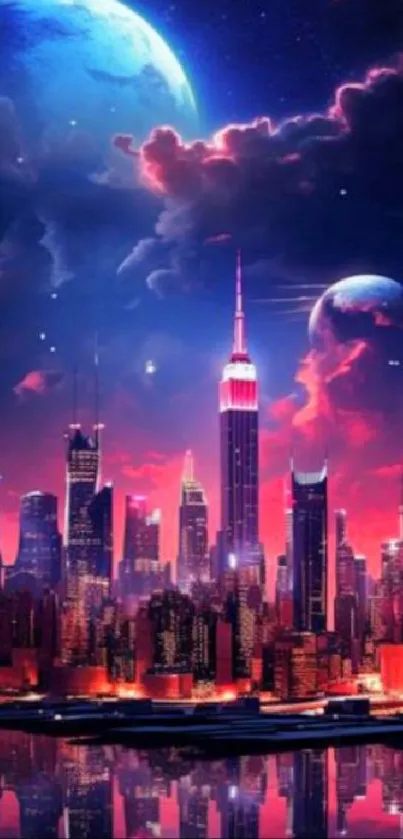 Futuristic cityscape with cosmic sky art design.