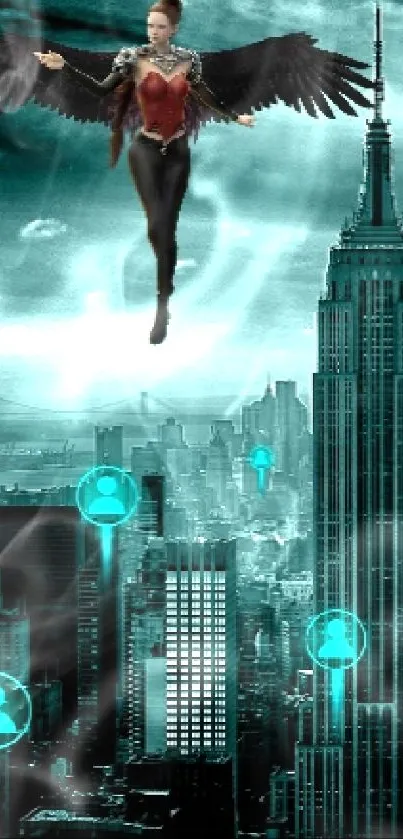 Futuristic cityscape with winged figure and digital icons over teal skyline.