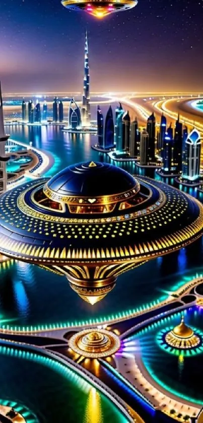 Futuristic cityscape with neon lights and floating structures on a mobile wallpaper.