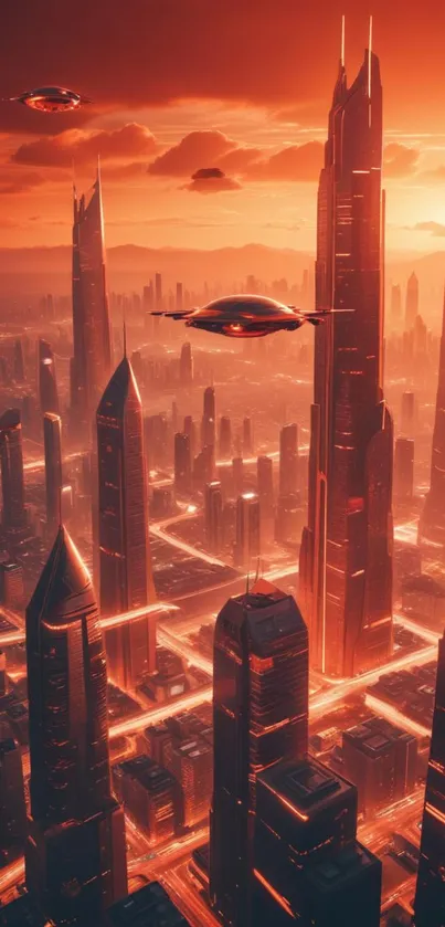 Futuristic cityscape with skyscrapers and flying vehicles at sunset.