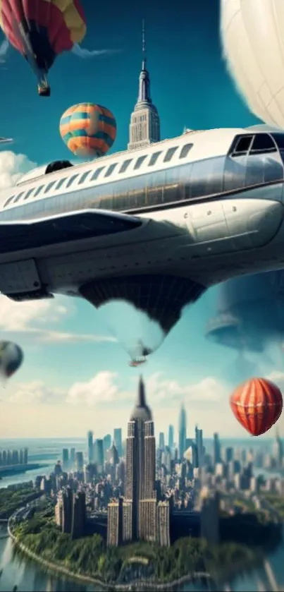 Futuristic airship over city with balloons in a vibrant sky scene.