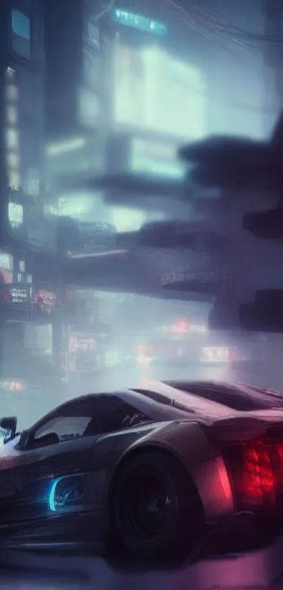 Futuristic cityscape with sports car under neon lights at night.