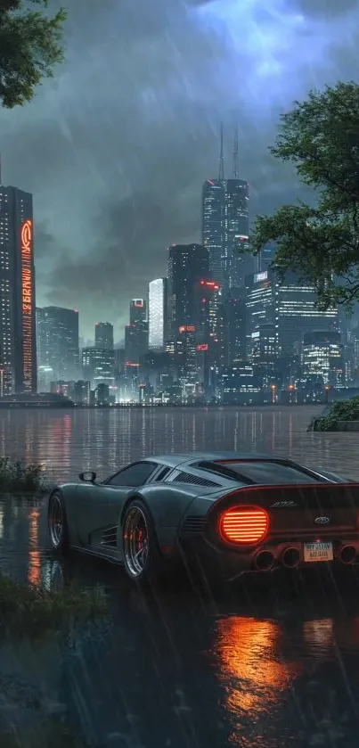 Futuristic car by city skyline in rain.