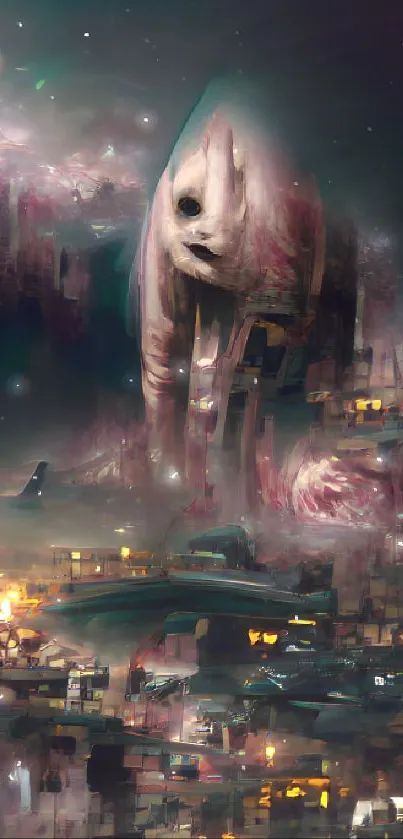 Surreal futuristic cityscape with a looming creature in a digital art style.