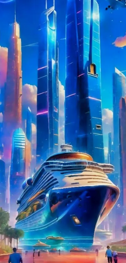 Futuristic cityscape with a cruise ship and skyscrapers under a blue sky.