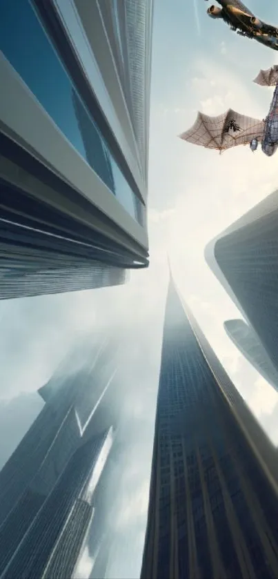 Dragons flying over futuristic city skyscrapers.
