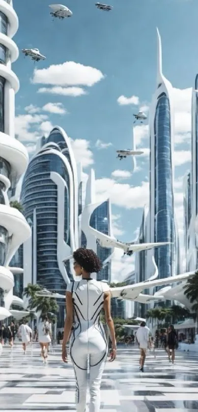 Futuristic cityscape with skyscrapers and flying vehicles under a blue sky.