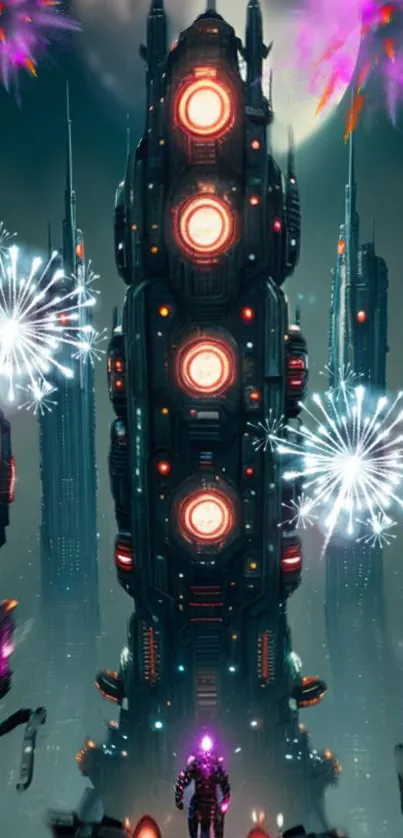 Futuristic cityscape with vibrant fireworks and towering buildings.