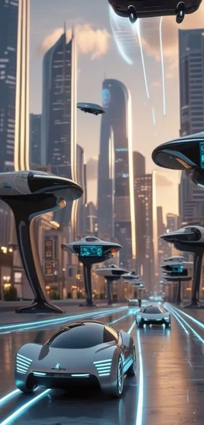 Futuristic cityscape with flying cars in a modern urban setting.