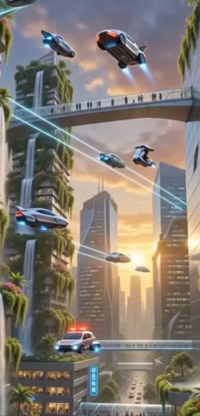 Futuristic city with flying cars and green buildings at sunset