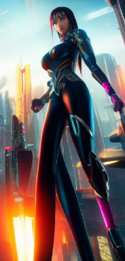 Futuristic heroine stands in vibrant neon cityscape.