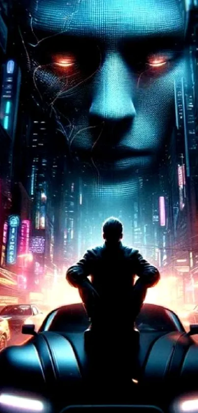 Futuristic neon city with a silhouetted figure against a cybernetic backdrop.