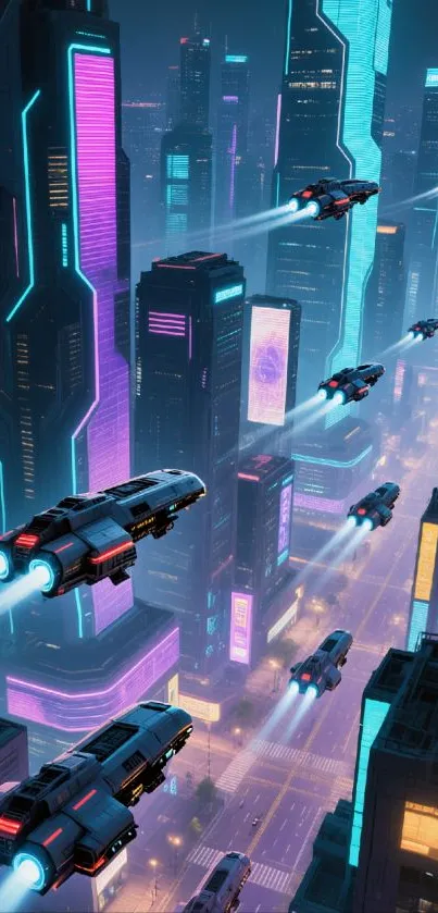 Futuristic cityscape with neon lights and flying cars at night.