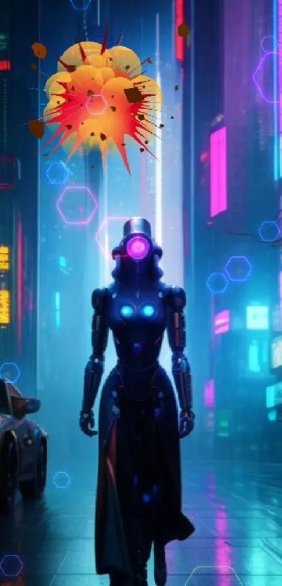 Futuristic cityscape with neon lights and robot in cyberpunk style.