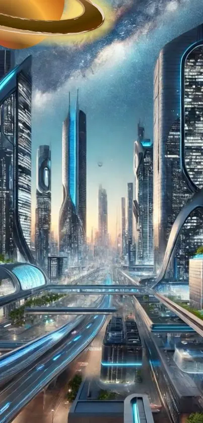 Futuristic cityscape with Saturn above.