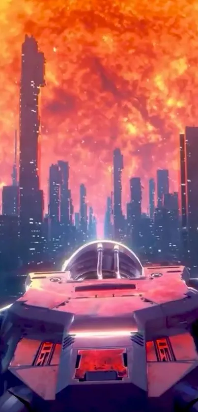 Futuristic cityscape with a spaceship under a fiery sunset.