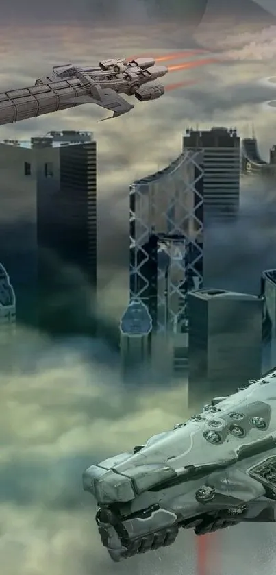 Futuristic cityscape with spaceships soaring through clouds.