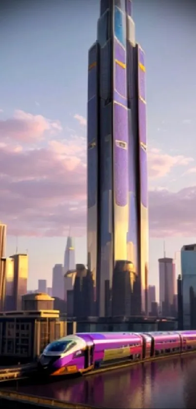 Futuristic skyline with a purple train and skyscrapers at sunset.