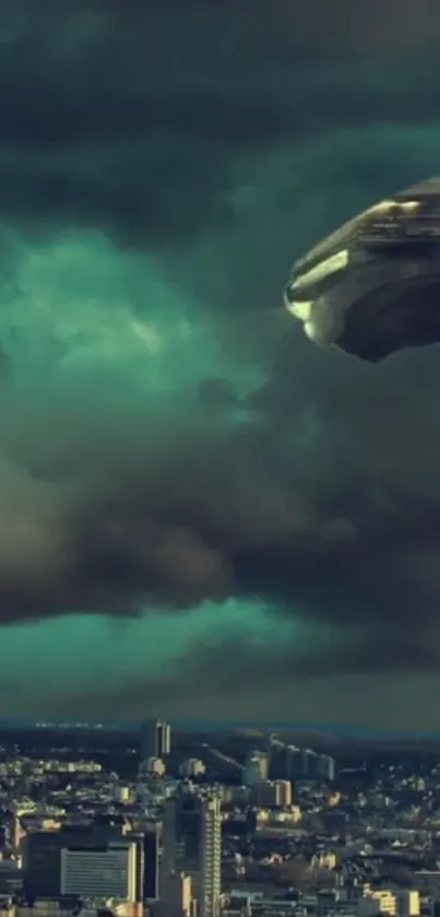 Futuristic cityscape with UFO in cloudy skies