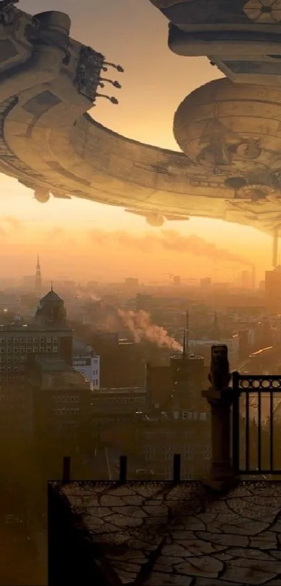 Futuristic cityscape with UFO in sunset.