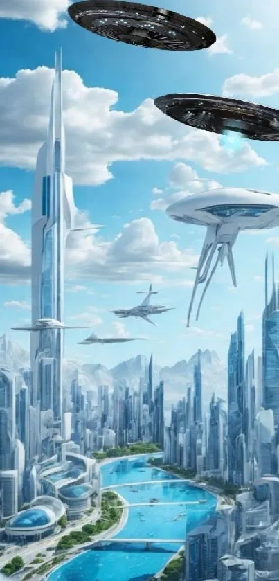 Futuristic cityscape with UFOs in blue sky.