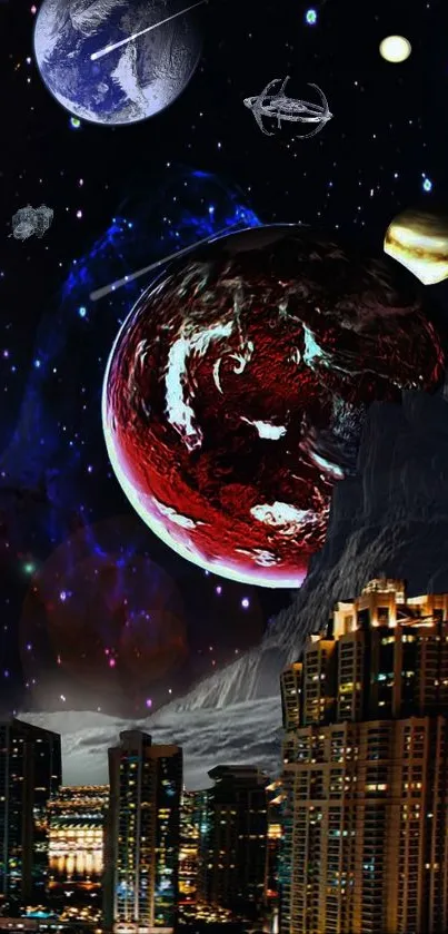 Futuristic cityscape with planets in night sky.