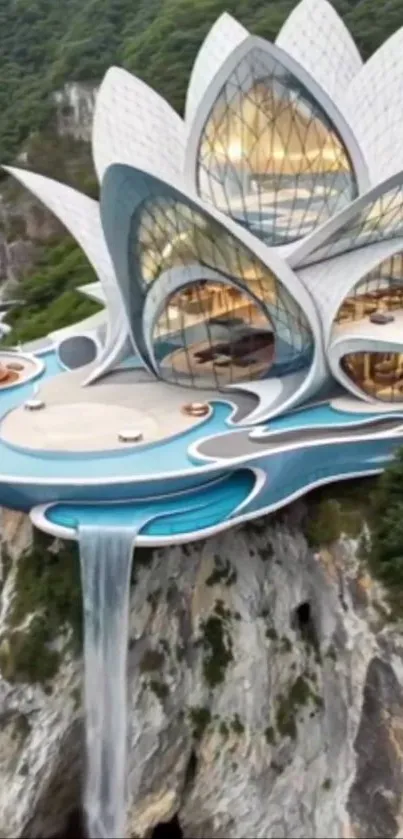 Futuristic lotus-shaped building on cliff