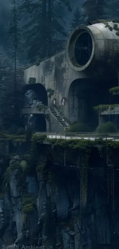 A futuristic building on a misty cliffside amidst dense forest.