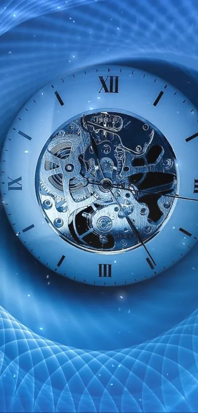 Futuristic clock with dynamic blue swirls in abstract wallpaper design.