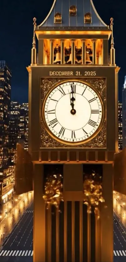 Glowing clock tower in futuristic cityscape at night.