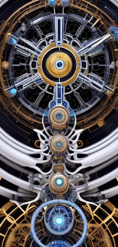 Futuristic clockwork wallpaper with gold and blue accents, featuring intricate gears.