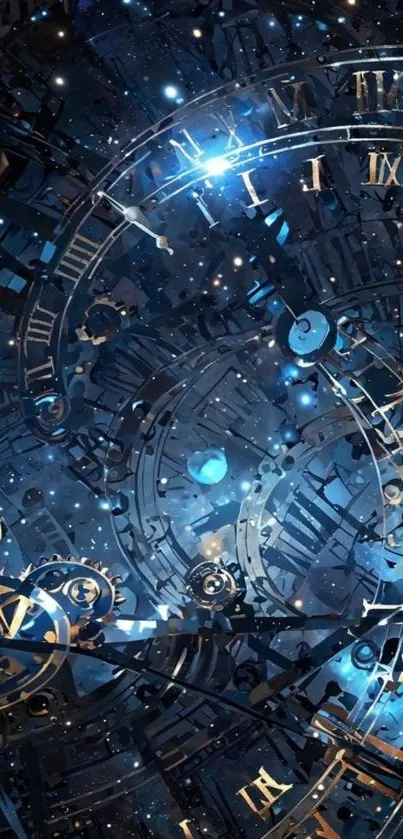 A futuristic clockwork design with celestial and mechanical elements in dark blue.