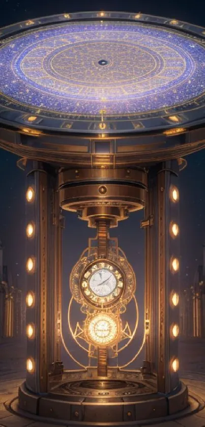 Futuristic clockwork universe with celestial accents and glowing golden elements.